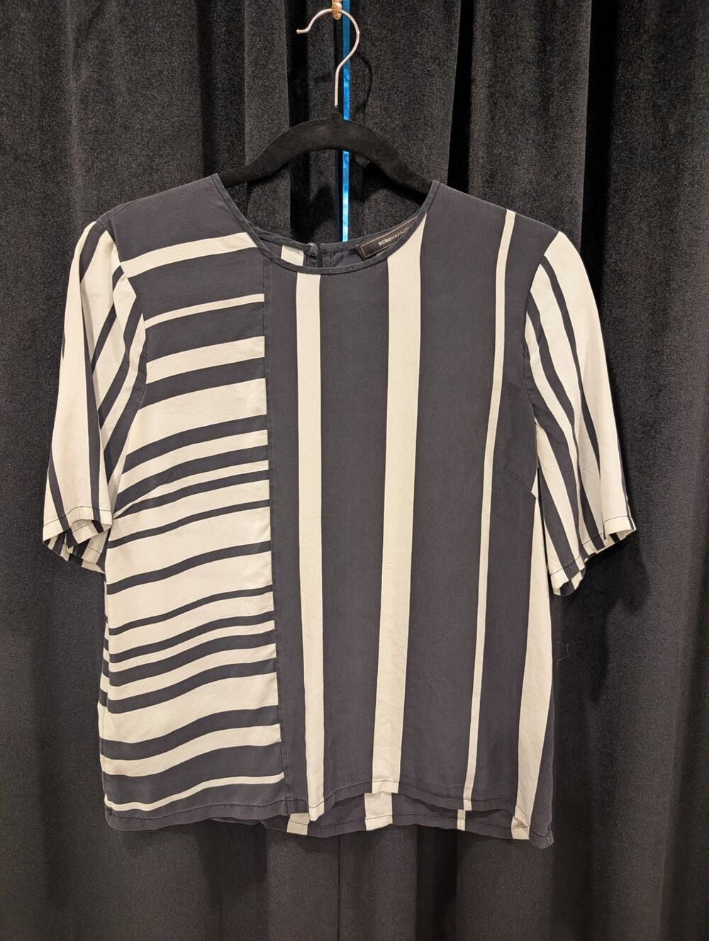 BCBGMAXAZRIA Silk Top – Black & White Geometric Stripe Pattern (Size S)